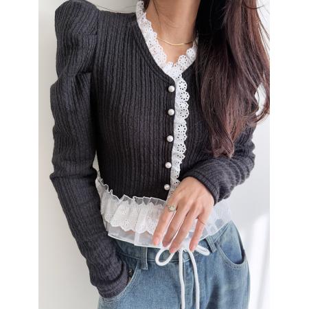 韩国ins春季洋气蕾丝花边V领系扣泡泡袖短款针织衫 服裝批發女裝批發服飾貨源