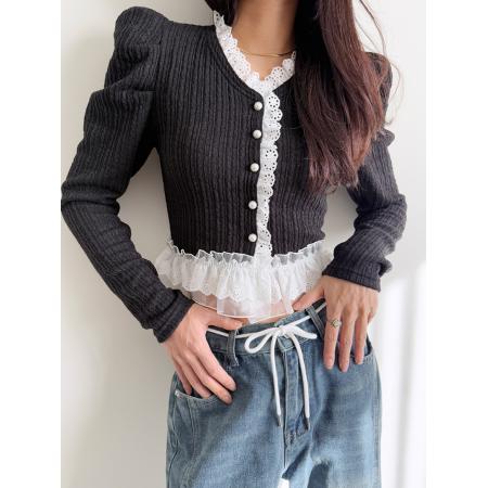 FA43467# 韩国ins春季洋气蕾丝花边V领系扣泡泡袖短款针织衫 服裝批發女裝批發服飾貨源