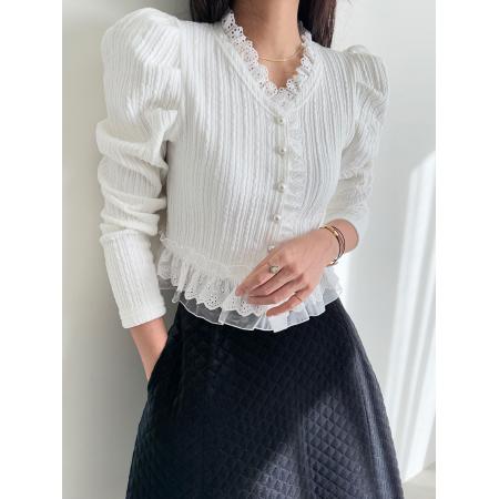 FA43467# 韩国ins春季洋气蕾丝花边V领系扣泡泡袖短款针织衫 服裝批發女裝批發服飾貨源