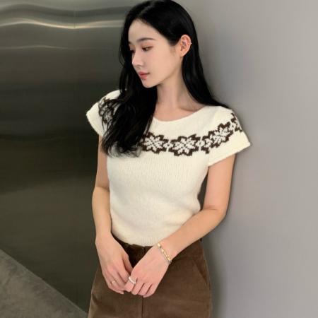 现韩国ins软糯锁边提花短袖针织短袖毛衣 服裝批發女裝批發服飾貨源