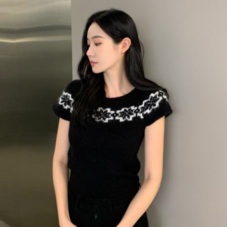 FA43469# 现韩国ins软糯锁边提花短袖针织短袖毛衣 服裝批發女裝批發服飾貨源