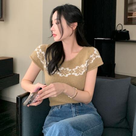 FA43469# 现韩国ins软糯锁边提花短袖针织短袖毛衣 服裝批發女裝批發服飾貨源