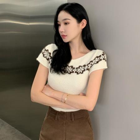 FA43469# 现韩国ins软糯锁边提花短袖针织短袖毛衣 服裝批發女裝批發服飾貨源