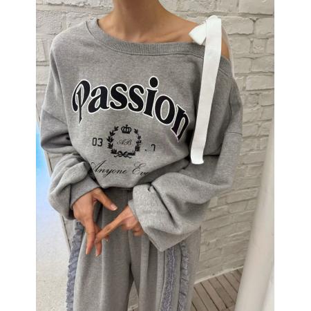 韩国ins斜肩系带字母印花撞色边时尚百搭卫衣 服裝批發女裝批發服飾貨源