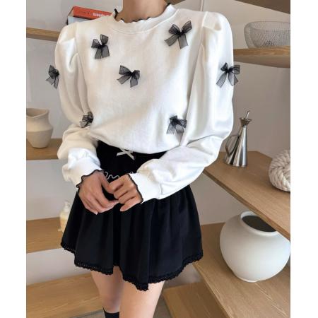 韩国ins半高领泡泡袖立体蝴蝶结套头卫衣 服裝批發女裝批發服飾貨源