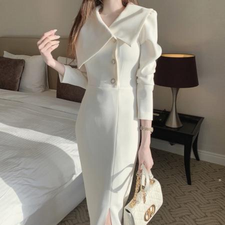 现货新款时尚不对称大翻领修身显瘦通勤连衣裙纯色 服裝批發女裝批發服飾貨源