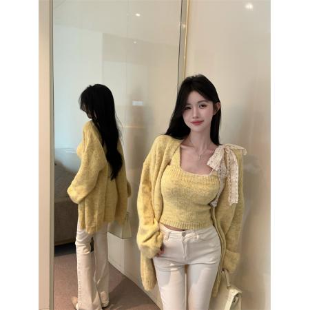 FA43476# 新款独特蕾丝吊带背心长袖开衫毛衣两件套女 服裝批發女裝批發服飾貨源