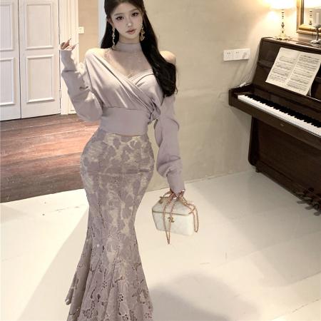 FA43480# 性感辣妹蕾丝针织假两件上衣T恤+水溶蕾丝包臀鱼尾半身裙女 服裝批發女裝批發服飾貨源
