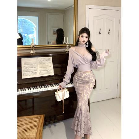 FA43480# 性感辣妹蕾丝针织假两件上衣T恤+水溶蕾丝包臀鱼尾半身裙女 服裝批發女裝批發服飾貨源