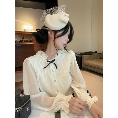 FA43482# 法式温柔风蝴蝶结木耳边灯笼袖单排扣衬衫女洋气百搭上衣 服裝批發女裝批發服飾貨源