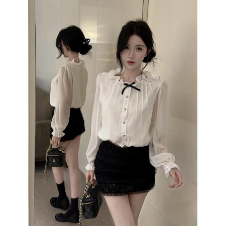 FA43482# 法式温柔风蝴蝶结木耳边灯笼袖单排扣衬衫女洋气百搭上衣 服裝批發女裝批發服飾貨源