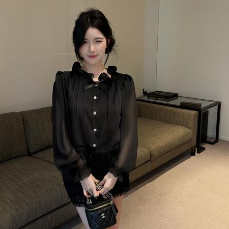 FA43482# 法式温柔风蝴蝶结木耳边灯笼袖单排扣衬衫女洋气百搭上衣 服裝批發女裝批發服飾貨源