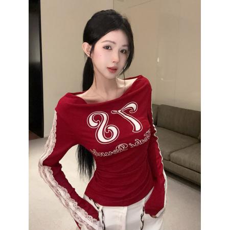 美式辣妹蕾丝拼接一字肩长袖T恤运动服修身显瘦打底衫 服裝批發女裝批發服飾貨源