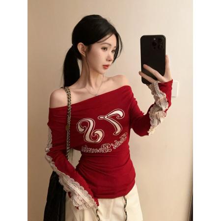 FA43483# 美式辣妹蕾丝拼接一字肩长袖T恤运动服修身显瘦打底衫 服裝批發女裝批發服飾貨源