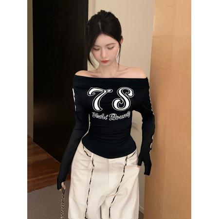 FA43483# 美式辣妹蕾丝拼接一字肩长袖T恤运动服修身显瘦打底衫 服裝批發女裝批發服飾貨源