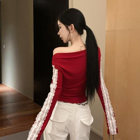 FA43483# 美式辣妹蕾丝拼接一字肩长袖T恤运动服修身显瘦打底衫 服裝批發女裝批發服飾貨源