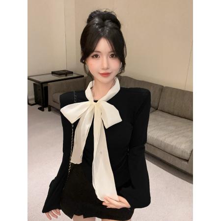 FA43486# 法式优雅垫肩蝴蝶结带钻长袖T恤打底衫甜美穿搭气质上衣 服裝批發女裝批發服飾貨源