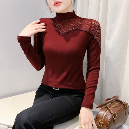 加厚钉珠设计感长袖秋季新款字母图案气质纯色打底衫 服裝批發女裝批發服飾貨源
