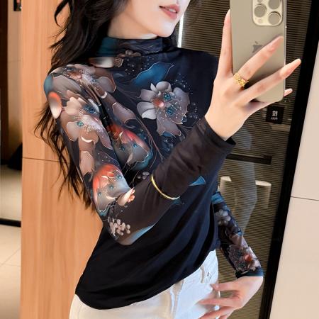 印花高领修身网纱长袖T恤女秋季新款时尚洋气百搭小衫通勤 服裝批發女裝批發服飾貨源