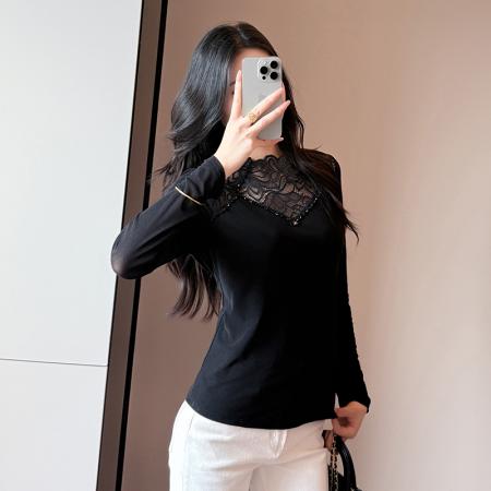 FA43497# 微透圆领花边长袖女款T恤秋季新款独特漂亮小衫纯色洋气时尚上衣 服裝批發女裝批發服飾貨源
