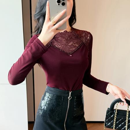 FA43497# 微透圆领花边长袖女款T恤秋季新款独特漂亮小衫纯色洋气时尚上衣 服裝批發女裝批發服飾貨源