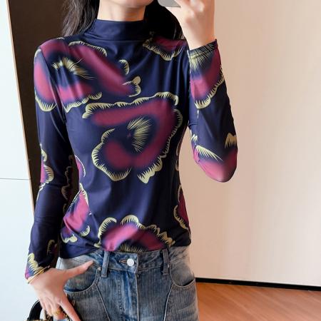 印花高领修身网纱长袖T恤女秋季新款时尚洋气百搭小衫通勤 服裝批發女裝批發服飾貨源