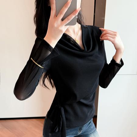 FA43500# 堆堆领纯色网纱长袖T恤女秋季新款绑带百搭上衣洋气修身小衫 服裝批發女裝批發服飾貨源