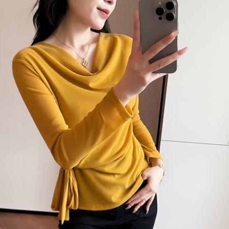 FA43500# 堆堆领纯色网纱长袖T恤女秋季新款绑带百搭上衣洋气修身小衫 服裝批發女裝批發服飾貨源