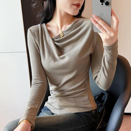 斜领设计感长袖褶皱显瘦T恤女早秋新款纯色百搭显瘦上衣潮 服裝批發女裝批發服飾貨源