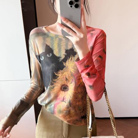 圆领卡通印花长袖T恤女秋季新款时尚百搭上衣洋气修身小衫 服裝批發女裝批發服飾貨源