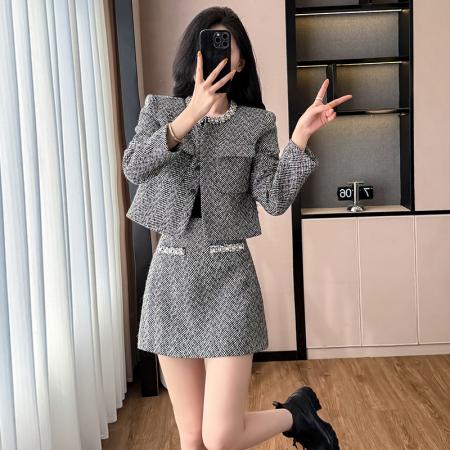 赵丽颖同款秋冬新款人字纹灰混色小香风重工镶钻钻饰外套套装 服裝批發女裝批發服飾貨源