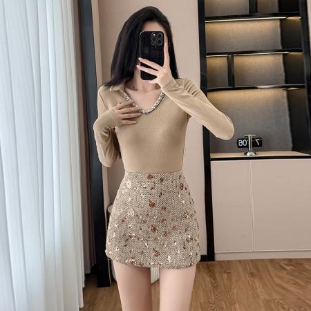 千金热辣穿搭两件套女秋冬v领编织T恤高腰亮片半身裙修身长袖上衣 服裝批發女裝批發服飾貨源