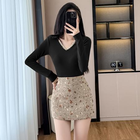 FA43507# 千金热辣穿搭两件套女秋冬v领编织T恤高腰亮片半身裙修身长袖上衣 服裝批發女裝批發服飾貨源
