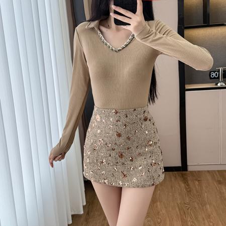 FA43507# 千金热辣穿搭两件套女秋冬v领编织T恤高腰亮片半身裙修身长袖上衣 服裝批發女裝批發服飾貨源