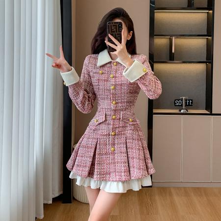 FA43509# 粉色小香风粗花呢连衣裙女早秋季法式轻奢名媛单排扣撞色拼接短裙 服裝批發女裝批發服飾貨源