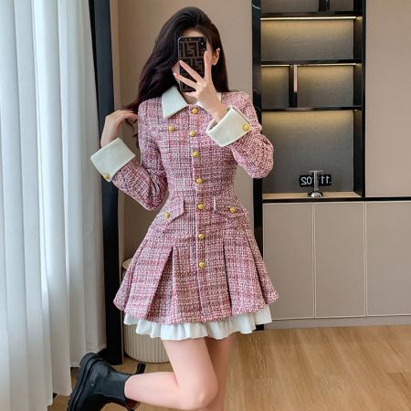 FA43509# 粉色小香风粗花呢连衣裙女早秋季法式轻奢名媛单排扣撞色拼接短裙 服裝批發女裝批發服飾貨源