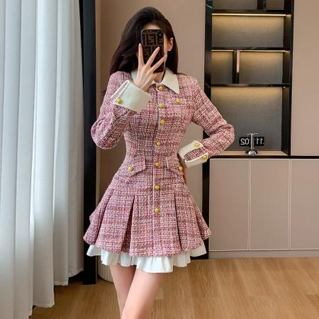 FA43509# 粉色小香风粗花呢连衣裙女早秋季法式轻奢名媛单排扣撞色拼接短裙 服裝批發女裝批發服飾貨源