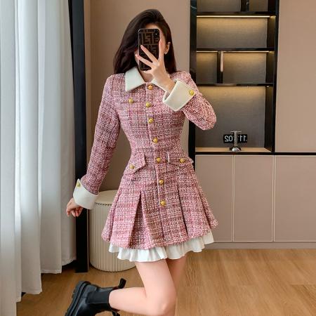 FA43509# 粉色小香风粗花呢连衣裙女早秋季法式轻奢名媛单排扣撞色拼接短裙 服裝批發女裝批發服飾貨源