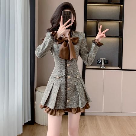 FA43510# 法式轻奢小香风连衣裙女秋冬新款拼接假两件修身显瘦粗花呢百褶裙 服裝批發女裝批發服飾貨源