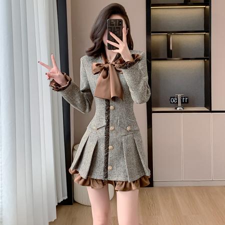 FA43510# 法式轻奢小香风连衣裙女秋冬新款拼接假两件修身显瘦粗花呢百褶裙 服裝批發女裝批發服飾貨源