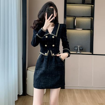 FA43511# 法式轻奢小香风黑色连衣裙女秋冬新款设计感假两件短款a字裙 服裝批發女裝批發服飾貨源