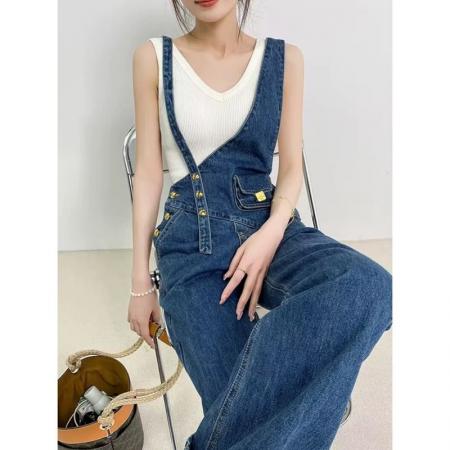 FA43512# 不对称小腰包牛仔背带裤女春秋新款金属扣百搭阔腿拖地长裤夏 服裝批發女裝批發服飾貨源