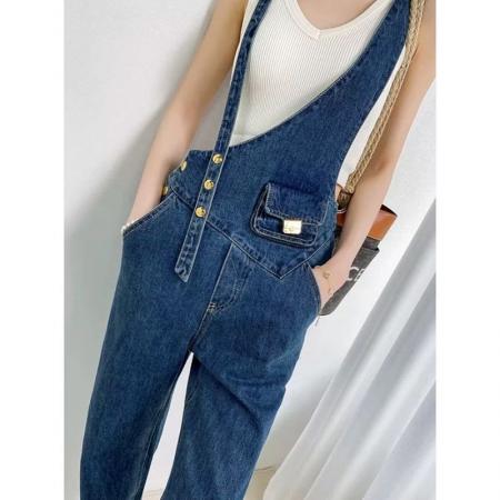 FA43512# 不对称小腰包牛仔背带裤女春秋新款金属扣百搭阔腿拖地长裤夏 服裝批發女裝批發服飾貨源