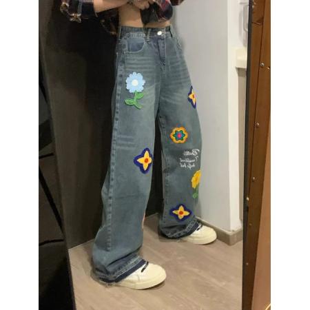 美式创意花朵字母刺绣牛仔裤女秋冬宽松显瘦直筒阔腿拖地长裤 服裝批發女裝批發服飾貨源