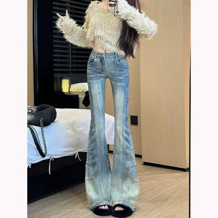 FA43515# 复古铆钉重工微喇牛仔裤女秋季高腰薄款显高设计感修身长裤 服裝批發女裝批發服飾貨源