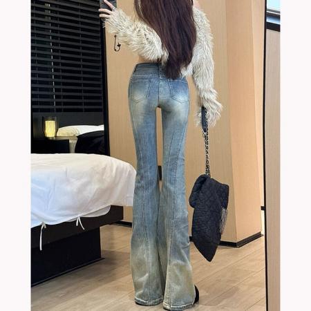 FA43515# 复古铆钉重工微喇牛仔裤女秋季高腰薄款显高设计感修身长裤 服裝批發女裝批發服飾貨源