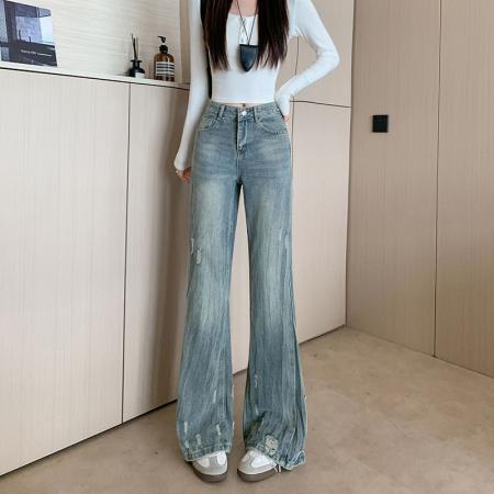 设计感做旧破洞阔腿牛仔裤女美式宽松百搭直筒拖地长裤 服裝批發女裝批發服飾貨源
