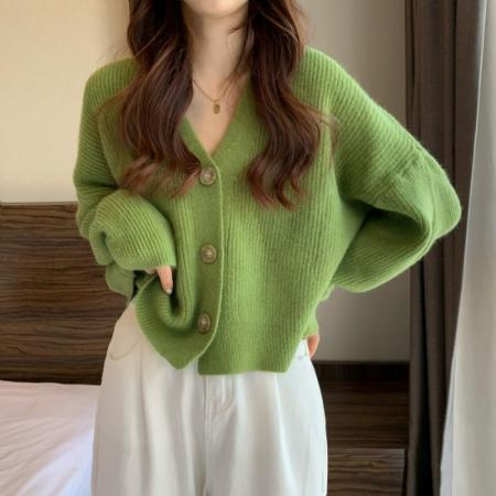 韩系秋冬新款复古V领日系宽松慵懒风百搭加厚毛衣外套开衫 服裝批發女裝批發服飾貨源