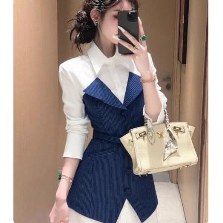 职场正式穿搭漂亮冷淡系巨好看设计感小众条纹假两件衬衫连衣裙秋 服裝批發女裝批發服飾貨源