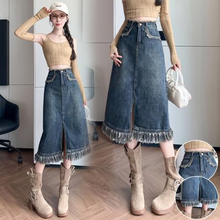 牛仔半身裙女秋季百搭高腰遮胯a字春秋中长款开叉包臀裙 服裝批發女裝批發服飾貨源